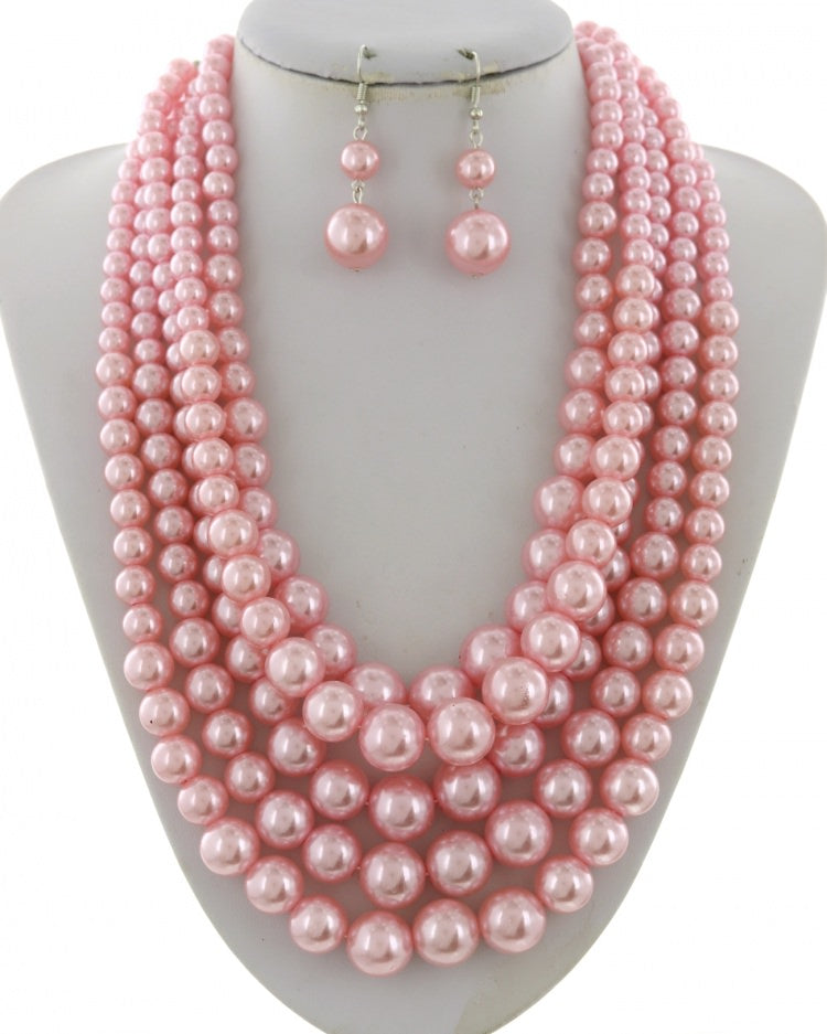 MULTI STRAND PINK PEARL NECKLACE SET