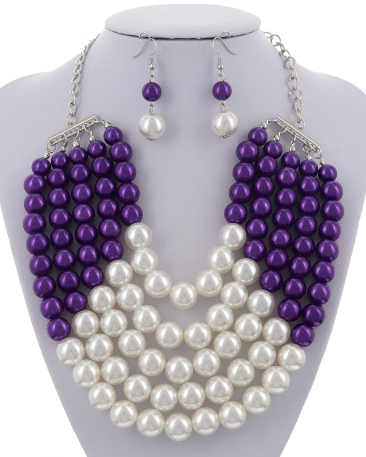 MULTI STRAND PURPLE PEARL NECKLACE & EARRING SET