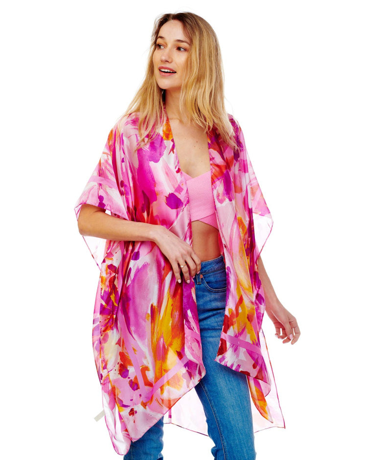 FLORAL LAVENDER/ORANGE SILKY KIMONO