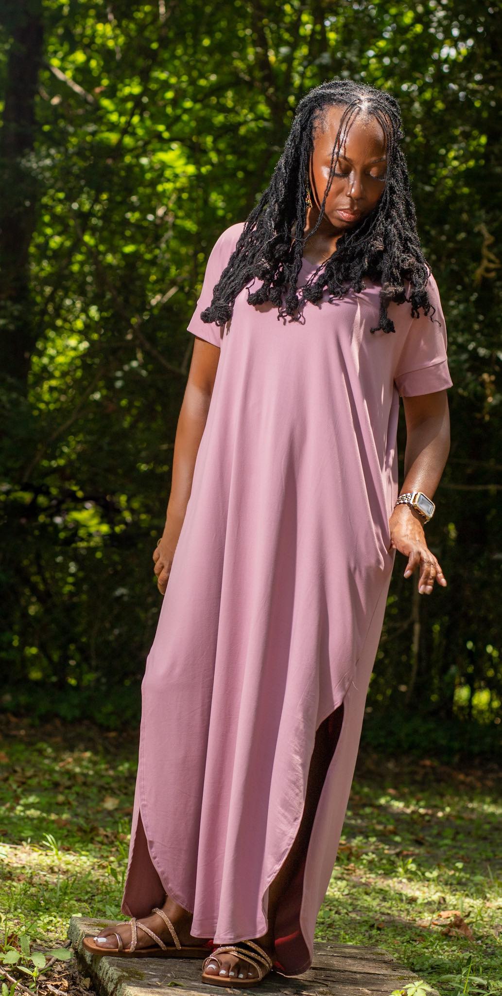 BRUSHED V-NECK MAXI DRESS