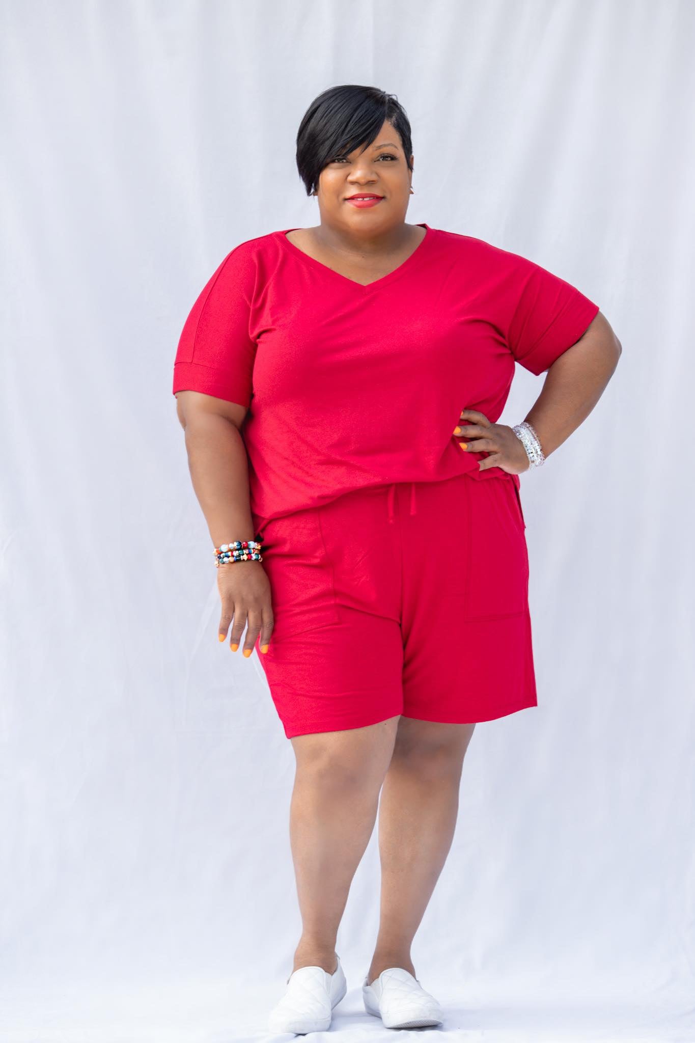 PLUS V-NECK TOP & DRAWSTRING SHORTS SET