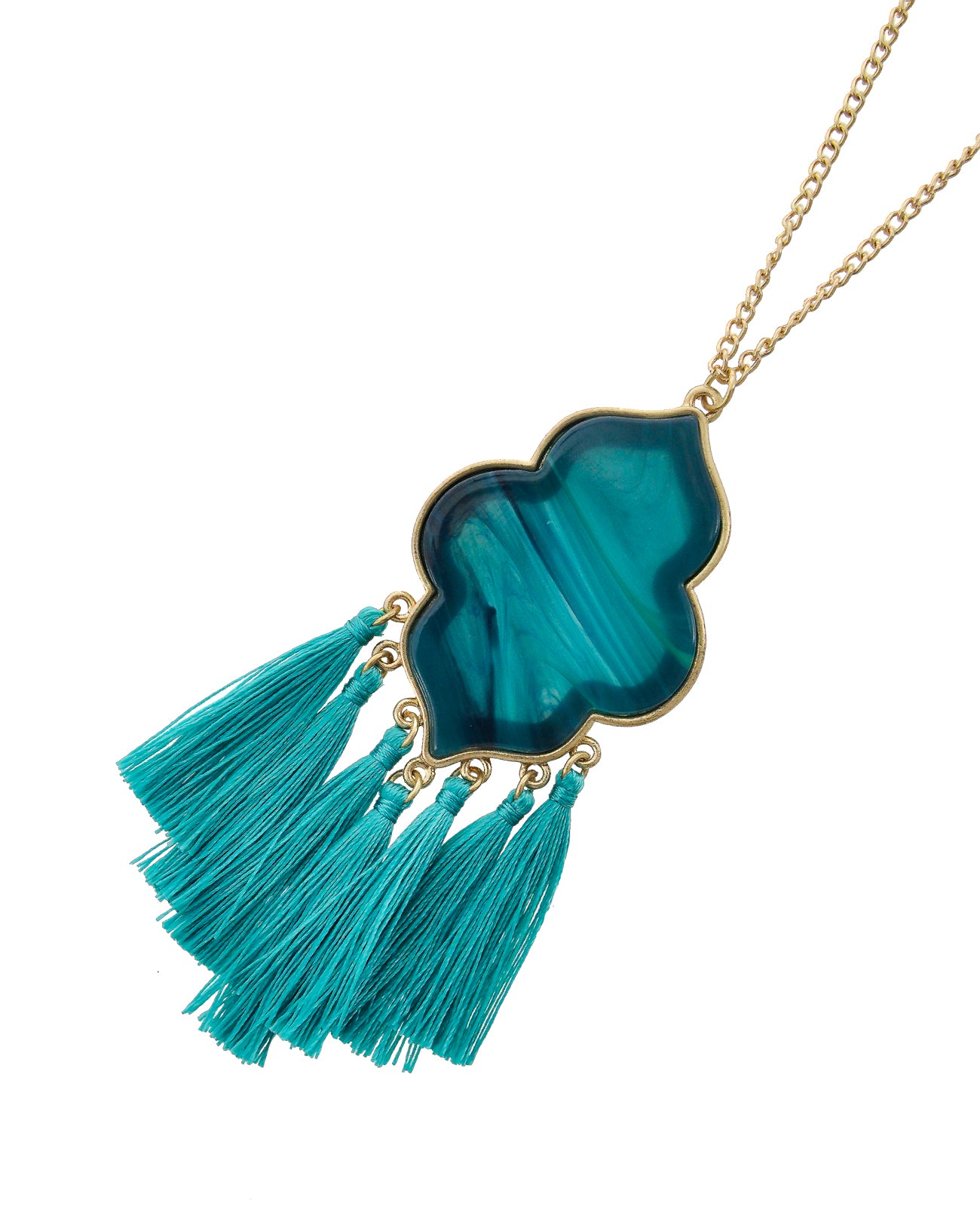 LONG TEAL AND MARBLE TASSEL NECKLACE