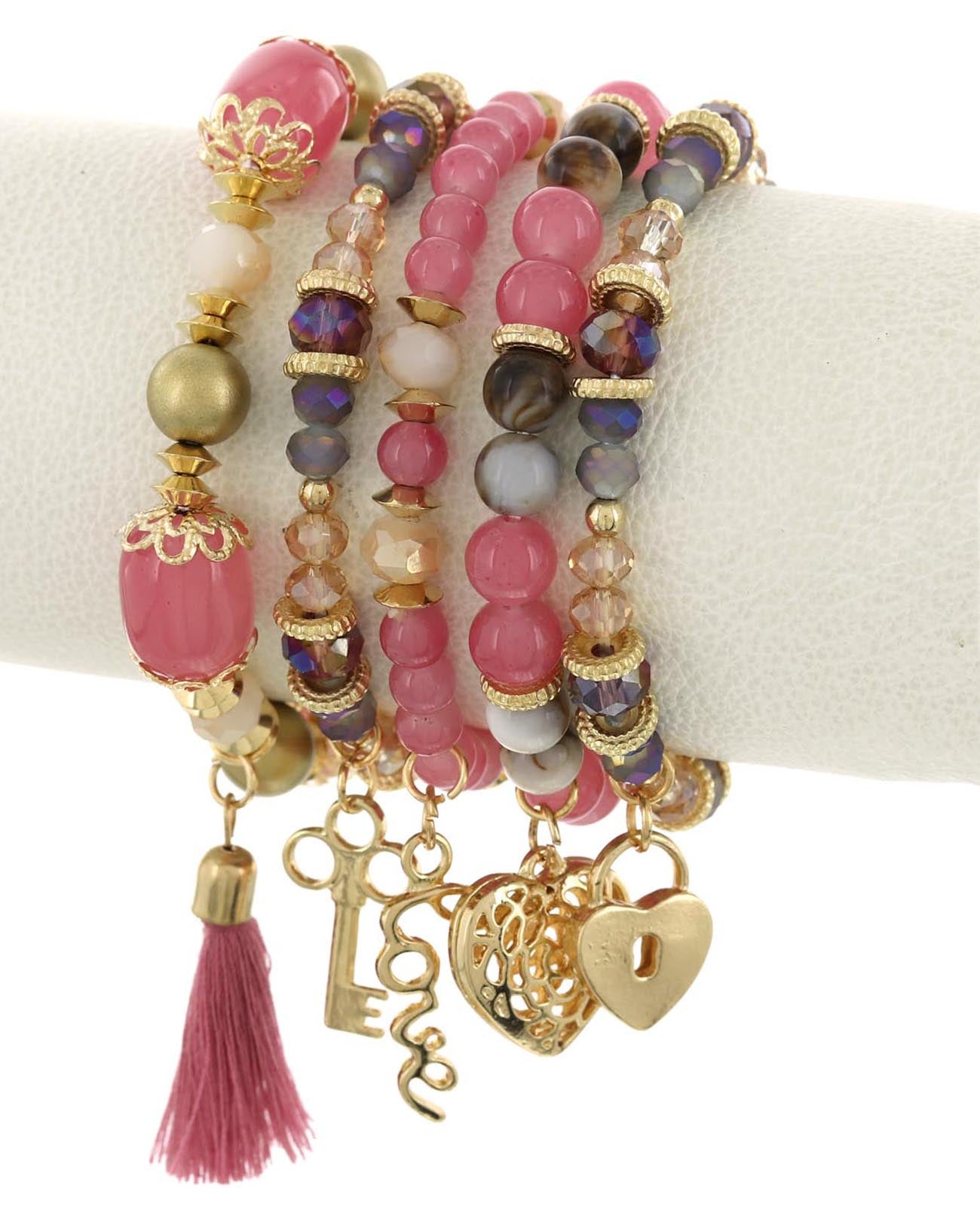 Multi Strand Glass Stone Heart Bracelet Pink