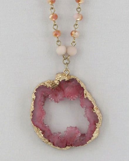 Druzy Pendant Long Necklace Pink