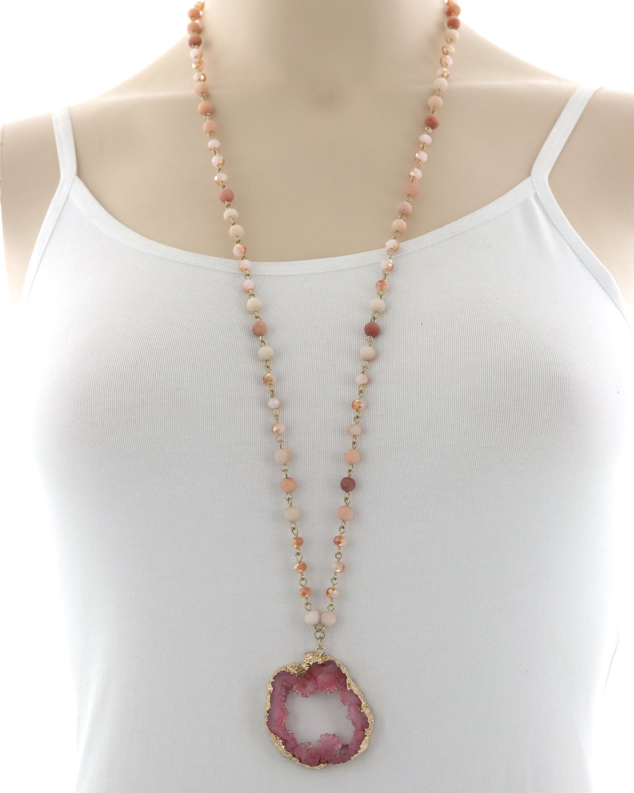 Druzy Pendant Long Necklace Pink