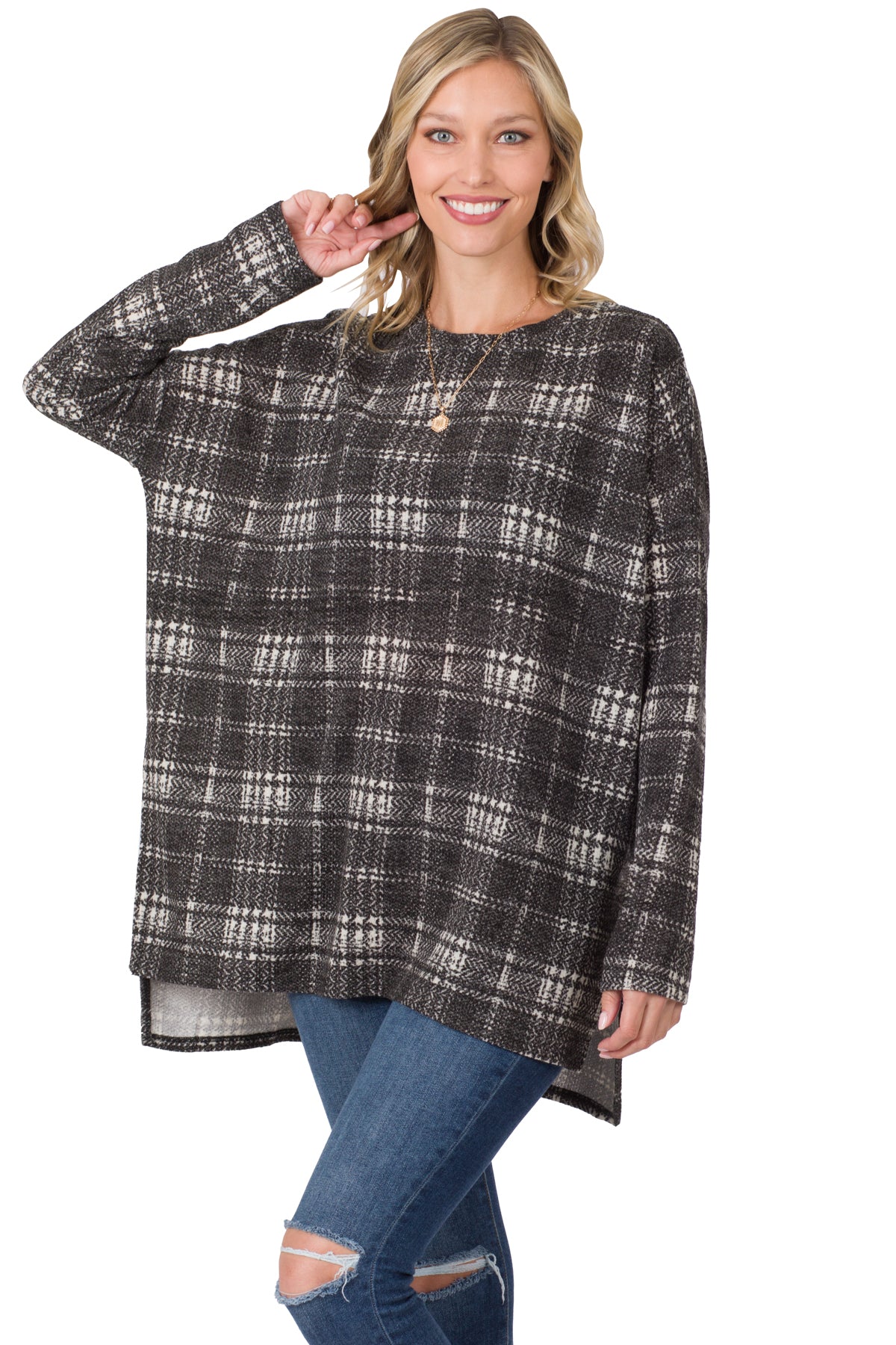 Playful Plaid Jacquard Domain High-Low Top