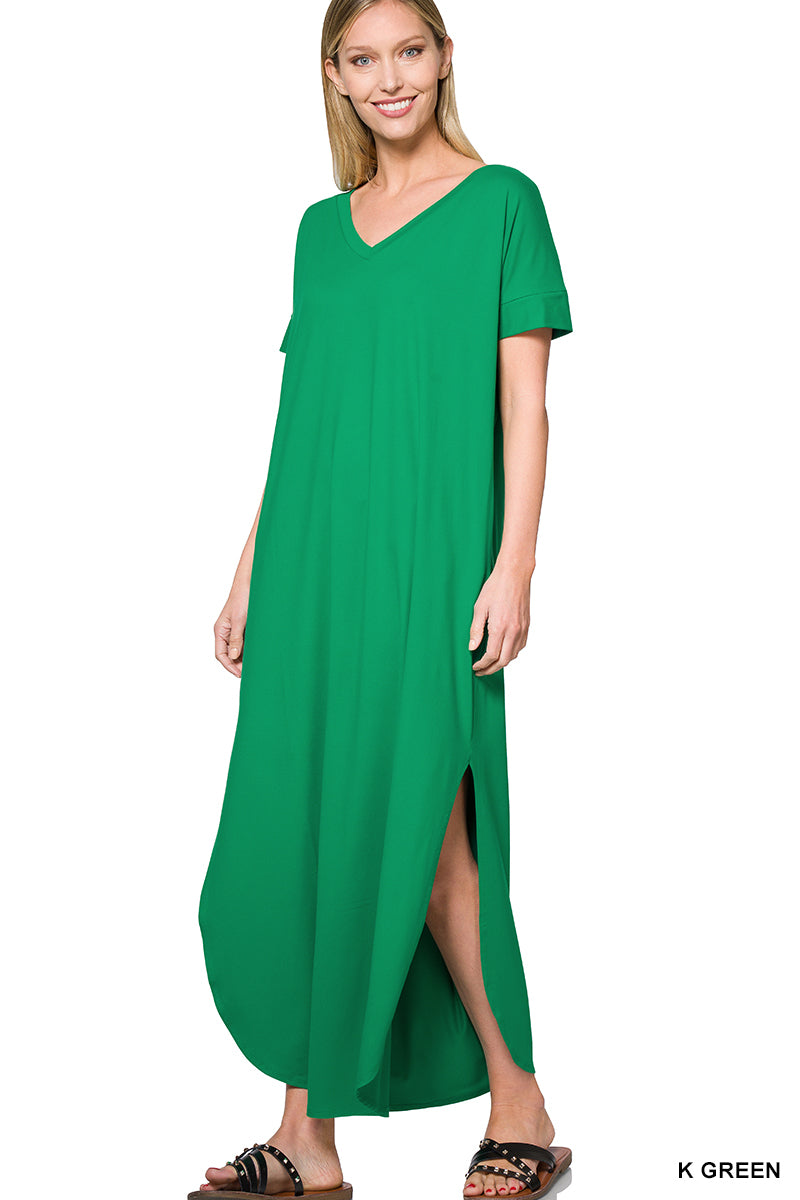 BRUSHED V-NECK MAXI DRESS