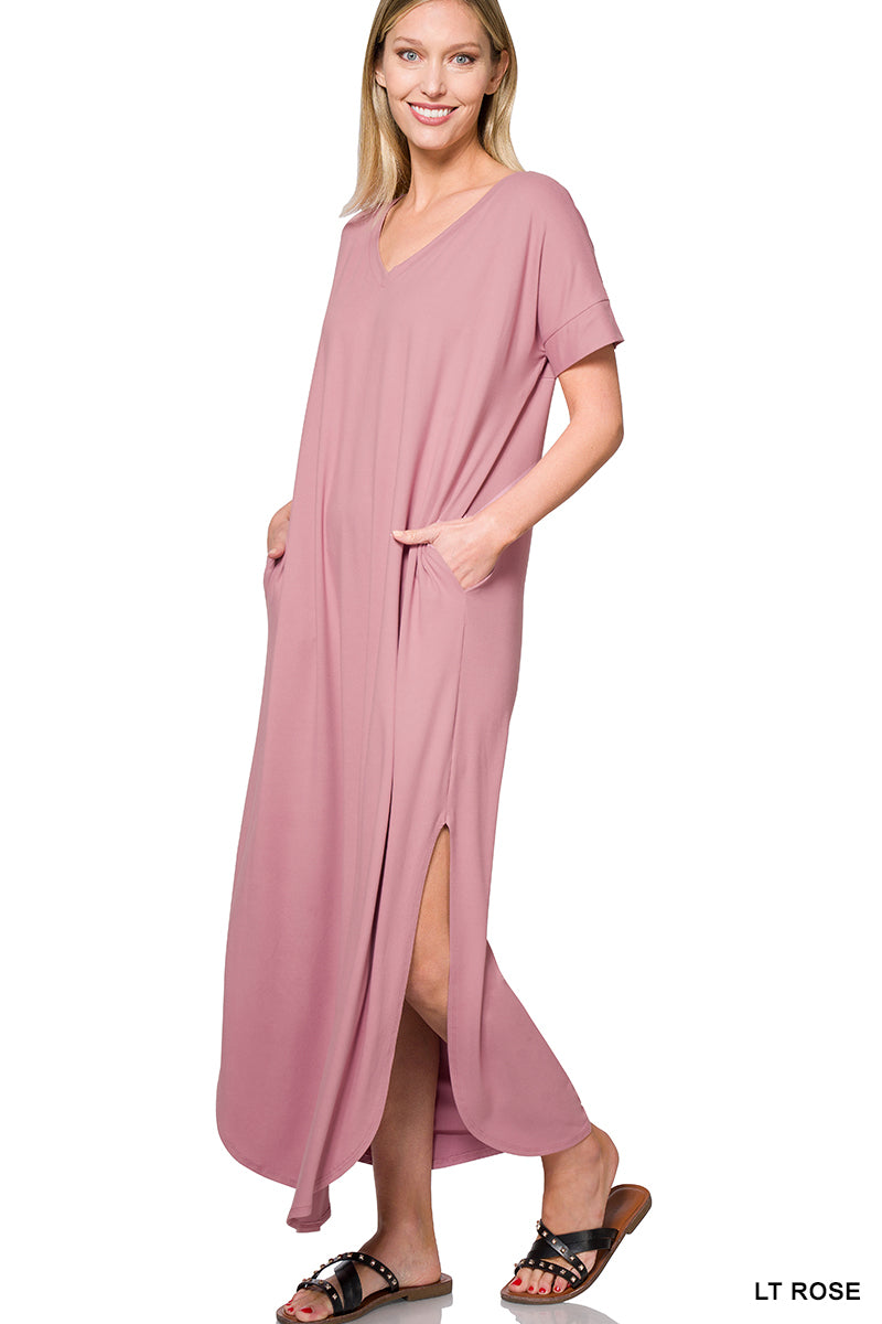 BRUSHED V-NECK MAXI DRESS