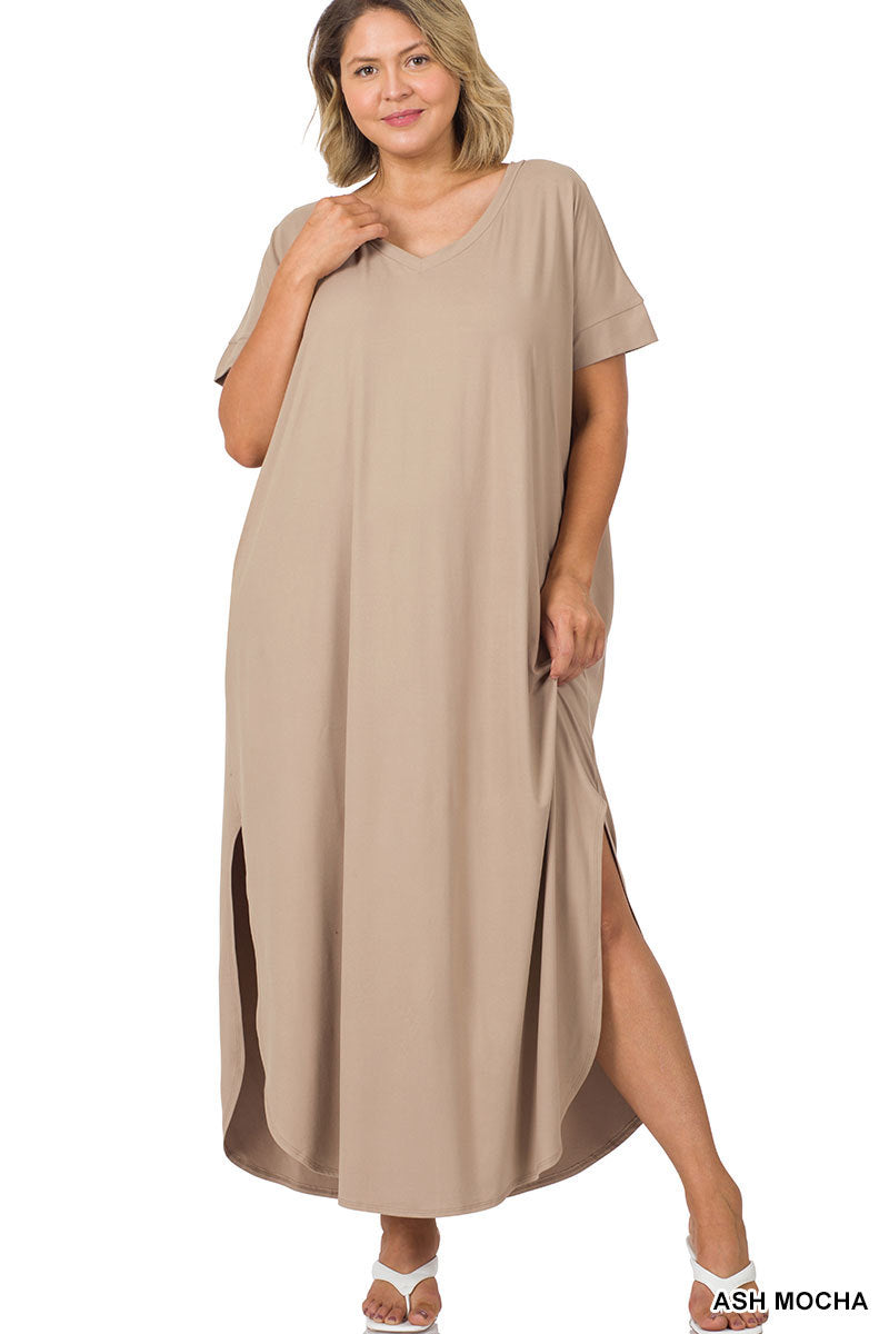 PLUS V-NECK SHORT SLEEVE MAXI DRESS