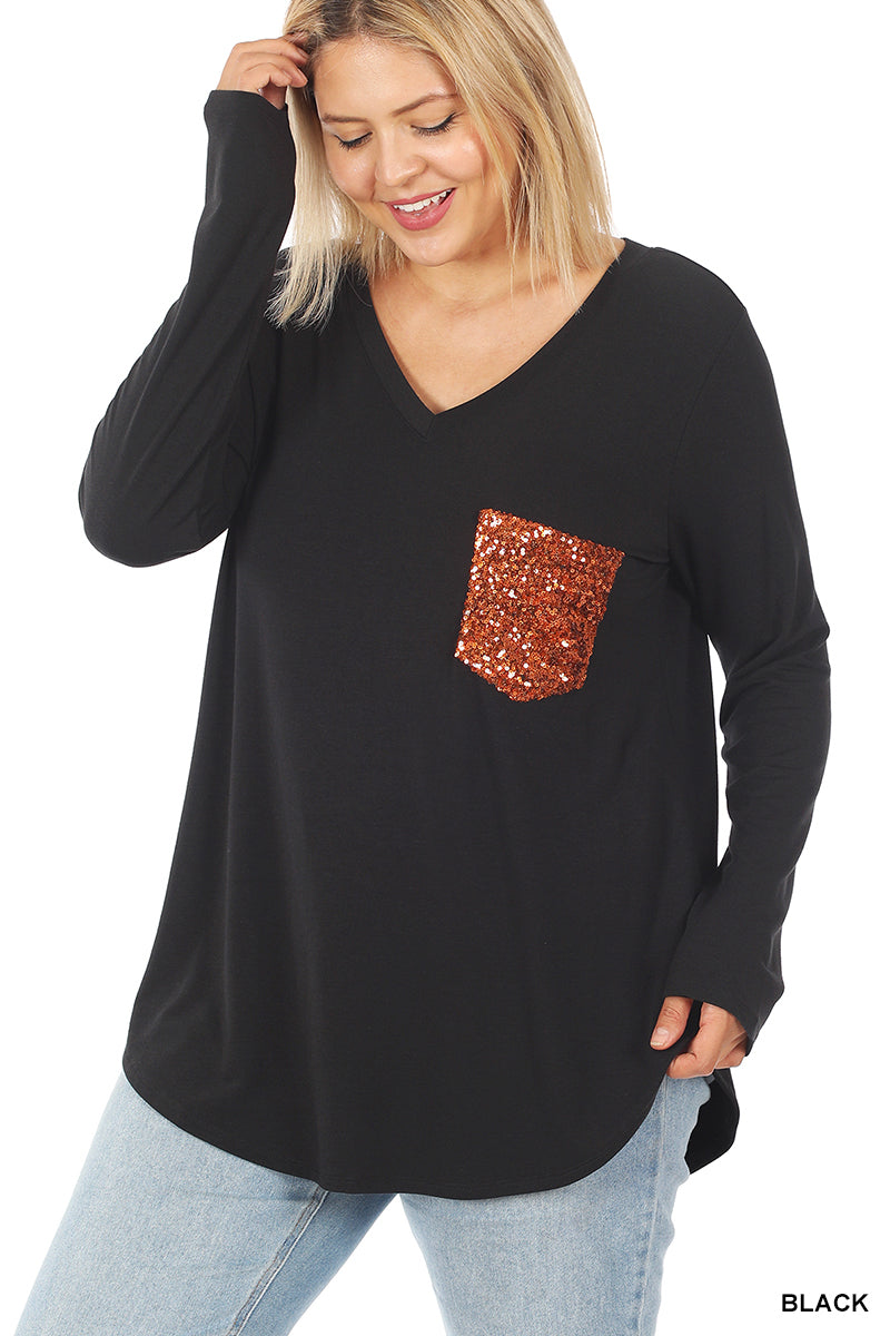 PLUS LONG SLEEVE V-NECK FRONT SEQUIN POCKET TOP