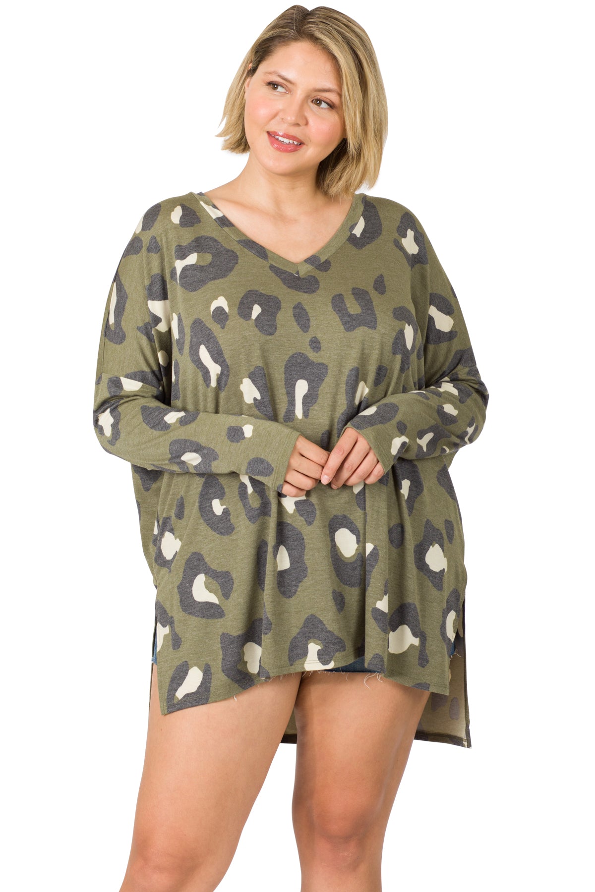 PLUS LEOPARD DOLMAN LONG SLEEVE HI-LOW HEM TOP