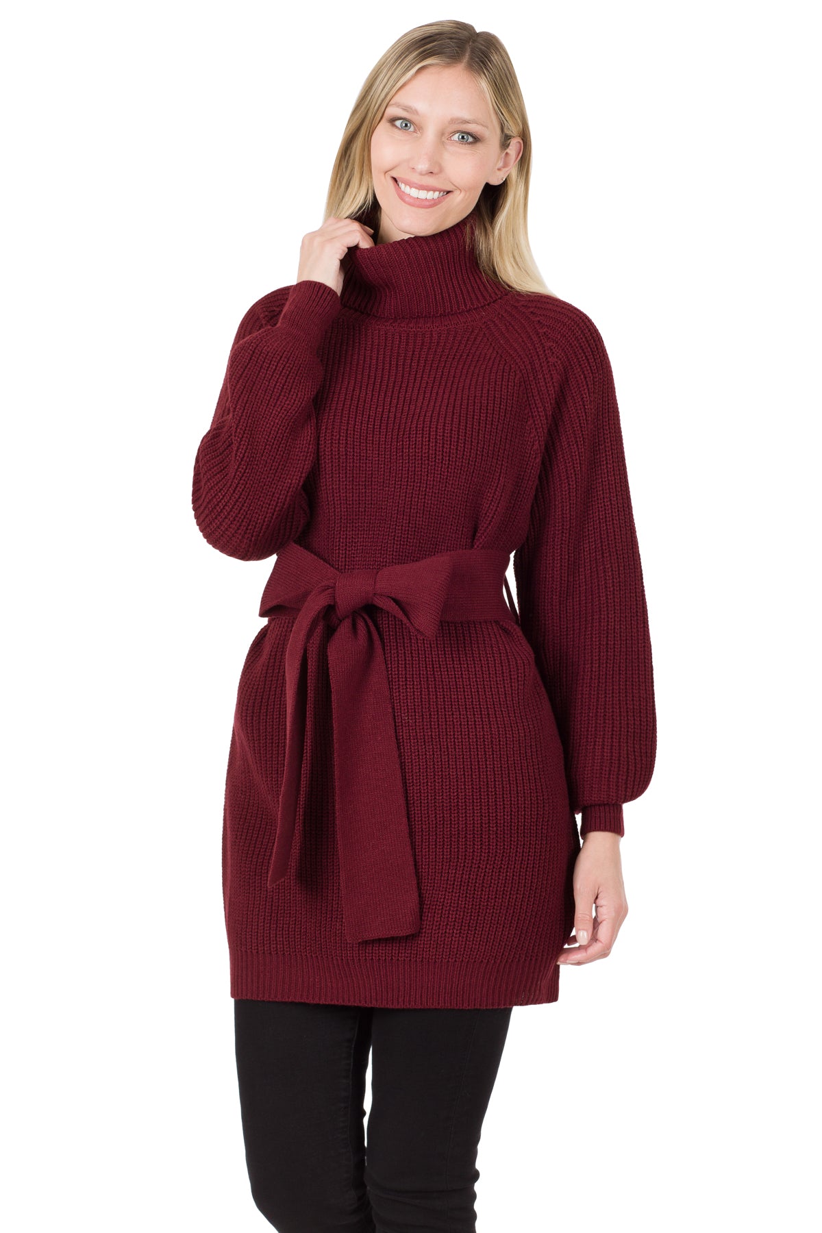 BELTED TURTLENECK SWEATER DRESS