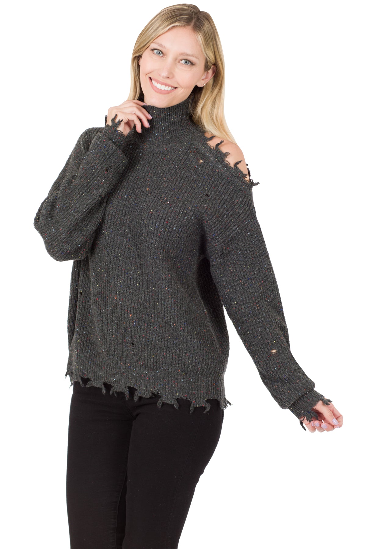 COLD SHOULDER DISTRESS SWEATER
