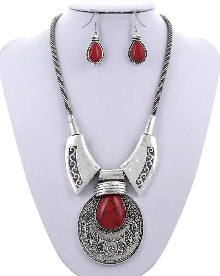 Filigree, Acrylic Pendant Metal Necklace & Earring Set
