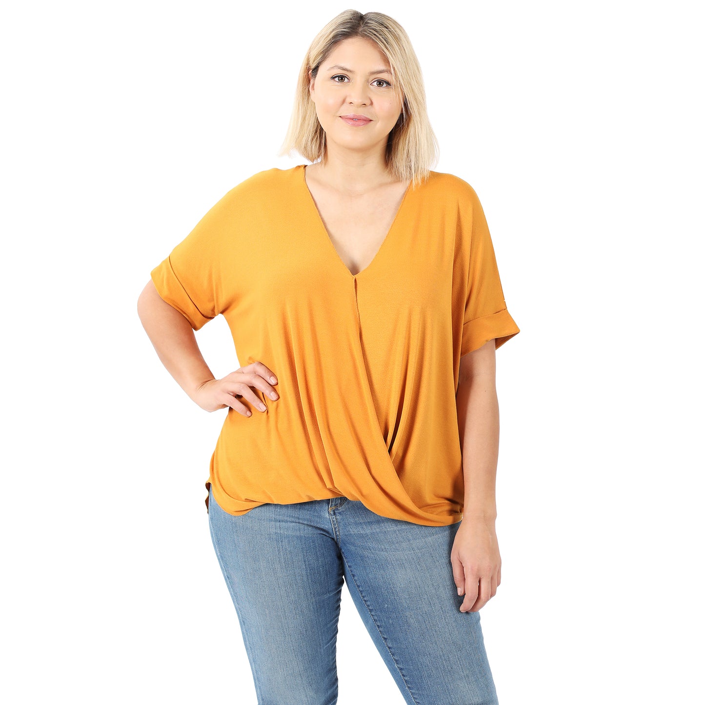 PLUS RAYON SPAN CREPE LAYERED-LOOK DRAPED FRONT TOP
