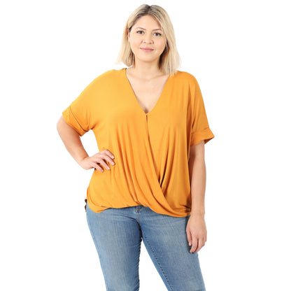 PLUS RAYON SPAN CREPE LAYERED-LOOK DRAPED FRONT TOP